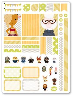 an assortment of stickers with animals, people and other things on them in yellow