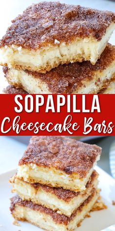 several different types of cheesecake bars stacked on top of each other with the words, sopapila cheesecake bars