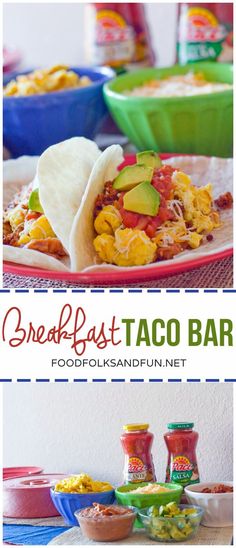 the breakfast taco bar is ready to be eaten and served with salsa, avocado