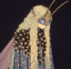 a drawing of a woman with long blonde hair wearing a blue dress and horned horns