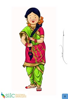 a drawing of a woman in green and pink sari with an umbrella on her shoulder