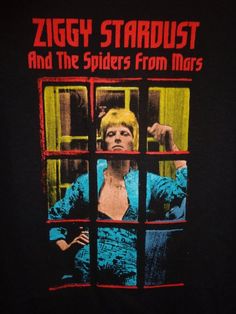 a woman looking through a window with the words ziggy stardust and the spiders from mars on it