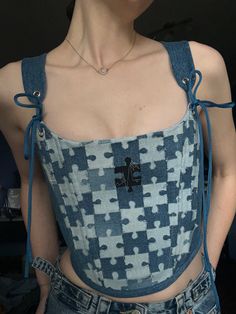 Denim up cycled corset created by my hands. Each puzzle on the front is hand-cut. The back is adjustable lacing, straps are also adjustable. Size S-M. Elizabethan Corset, Jeans Corset, Korsett Top, Y2k Corset Top, Custom Corset, Corset Y2k, Y2k Corset, Custom Corsets, Corset Outfits