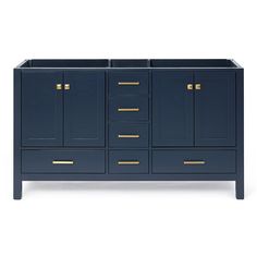 an image of a blue cabinet with gold handles and drawers on the bottom drawer,