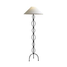 a floor lamp with a white shade on the top and an iron stand underneath it