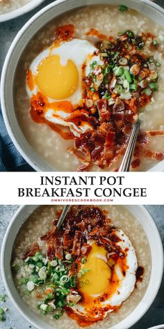 instant pot breakfast congee with eggs and bacon