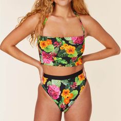 Whole Set, Top And Bottom. New With Tags Never Worn. Top & Bottom Sell For $50 Individually. Https://Andieswim.Com/Products/The-Banded-High-Waisted-Bottom-Flat-Tropical-Floral Tropical Black Triangle Top Swimwear, Black Tropical Print Beachy Swimwear, Black Tropical Print Tankini For Swimming, Bandeau Swimwear, Navy Blue Bikinis, Swimming Bathing Suits, Black Swimwear, Long Torso