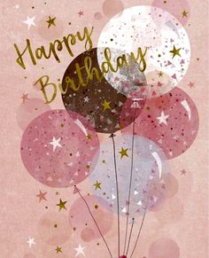 a pink birthday card with balloons and stars