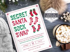 the secret santa sock swap is on display next to marshmallows and hot chocolate