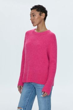 Classic scoop neck pullover sweater with long sleeves. Crafted from a medium weight wool blend with a fuzzy, cozy hand feel. Relaxed ribbing at collar, sleeves, and hem. Offered in a vibrant pink color pop hue. 55% Alpaca / 43% Nylon / 2% Spandex Hair Socks, Hot Sweater, Best Swimwear, Loungewear Shorts, Romper Pants, Scarf Hairstyles, Knitted Pullover, Bottoms Pants, Medium Weight