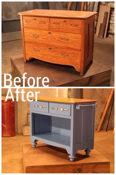 before and after photos of an old dresser turned into a side table with drawers on top