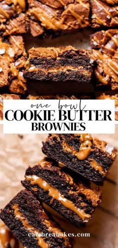 chocolate brownies with caramel drizzle on top and the words, one bowl cookie butter brownies