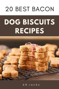 dog biscuits on a cooling rack with text overlay reading 20 best bacon dog biscuits recipes