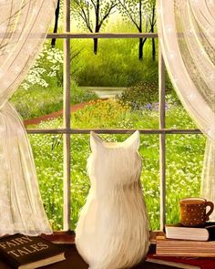 a painting of a cat sitting on a window sill looking out at a garden