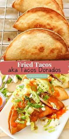 Tacos Dorados are deep fried, golden, crispy corn tortillas stuffed with creamy, cheesy mashed potatoes. Whether you add your favorite protein or keep it meatless, you can expect a delightful crunch and a flavorful taco. #tacos #vegetariantacos Deep Fried Tacos