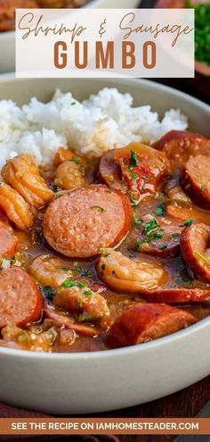 shrimp and sausage gumbo in a white bowl with rice