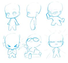 some cartoon character expressions drawn in blue pencil on white paper, including the head and shoulders