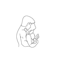 a black and white line drawing of a person holding a baby in their arms,