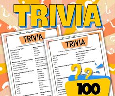 two trivias with the words trivia written in blue and yellow on them