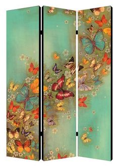 two panels with butterflies and flowers painted on the sides, each panel has different colors