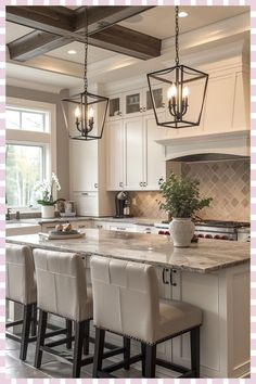 a large kitchen island with four chairs around it