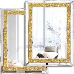 two mirrors with gold glitter on them in front of a white couch and window sill