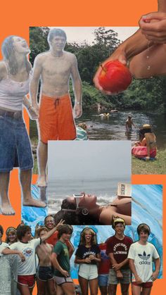 collage of people standing in front of water and an orange background