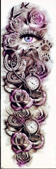 an artistic tattoo design with roses and clocks on the back of it, as well as a cat's eye