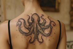 an octopus tattoo on the back of a woman's upper body, it is black and grey