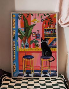 a black cat sitting on top of a chair in front of a painting