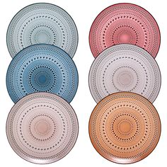 four different colored plates with circular designs on the sides and one has an oval design