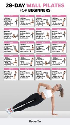 the 28 day wall pilates workout plan for beginners is shown in this poster