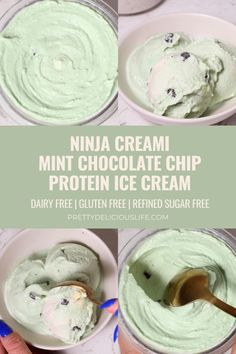 four pictures showing how to make mint chocolate chip protein ice cream