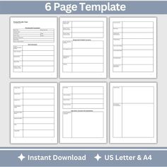 six page templates with the text, 6 pages and 4 different font options for each page