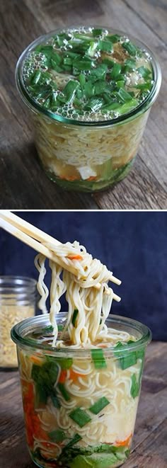 two pictures with noodles and vegetables in them