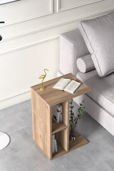 a small wooden table with a book on it