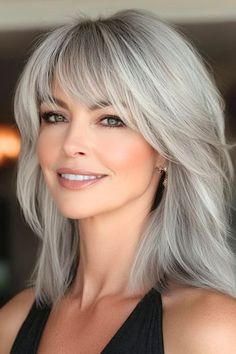 Medium Length Haircuts For Gray Hair, Over The Shoulder Haircut With Layers, All Pins Saved, Gray Shoulder Length Hair, Silver Hair Styles Over 50, Low Matienence Haircut Long Hair, Shoulder Length Gray Hair With Bangs, Mid Length Gray Hair, Shoulder Length Layered Haircuts With Bangs