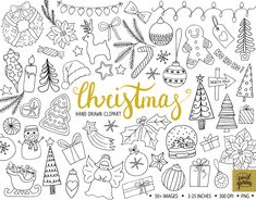 the christmas hand drawn icons set is shown in black and white, with gold lettering