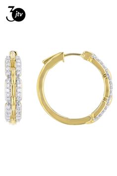 Prazana�� Lab-Grown Diamonds 0.50ctw round white lab-grown diamond, 14k yellow gold over sterling silver hoop earrings. Measure approximately 7/8"L x 3/16"W and have hinge with push lock backings. White rhodium enhanced prongs. White Lab, Sterling Silver Hoop Earrings, Sterling Silver Hoops, Silver Hoops, Silver Hoop Earrings, Lab Grown, Lab Grown Diamonds, Diamond Earrings, Lab