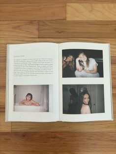 an open book with pictures of people in the bathtub and one person taking a photo