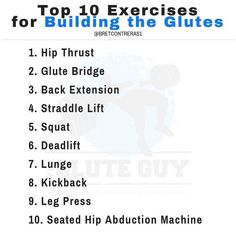 the top 10 exercises for building the glutes poster is shown in blue and white