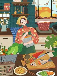 a painting of a woman in the kitchen with food on the counter and utensils