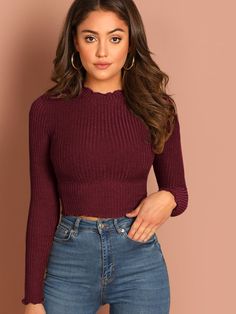 Maroon Casual  Long Sleeve Polyester Plain  Embellished High Stretch Spring/Fall Women Tops, Blouses & Tee Lettuce Trim Top Outfit, Fall Fashion Coats, Sheer Crop Top, Crop Tops Online, Diy Vetement, Top Shein, Ribbed Crop Top, Crop Top Outfits, Cropped Tops