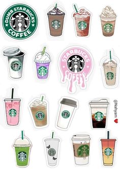 various starbucks stickers are shown on a white background