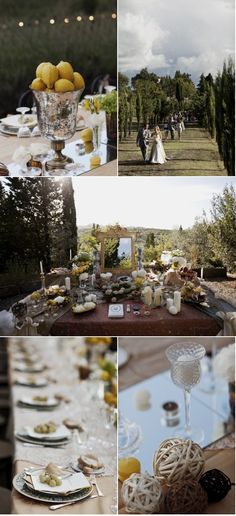 a collage of photos with food and drinks on it, including lemons in glass vases