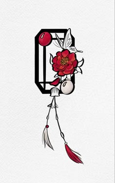 the letter d is made up of flowers and feathers, with a red rose hanging from it