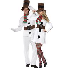 man and woman dressed in snowman costumes