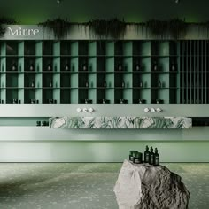 a room with green walls and shelves filled with bottles next to a rock on the floor