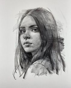 a pencil drawing of a woman's face with long hair and eyes wide open