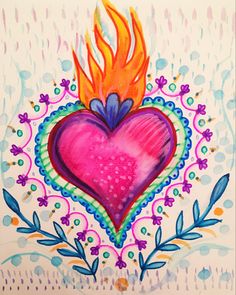 a drawing of a heart with flames on it